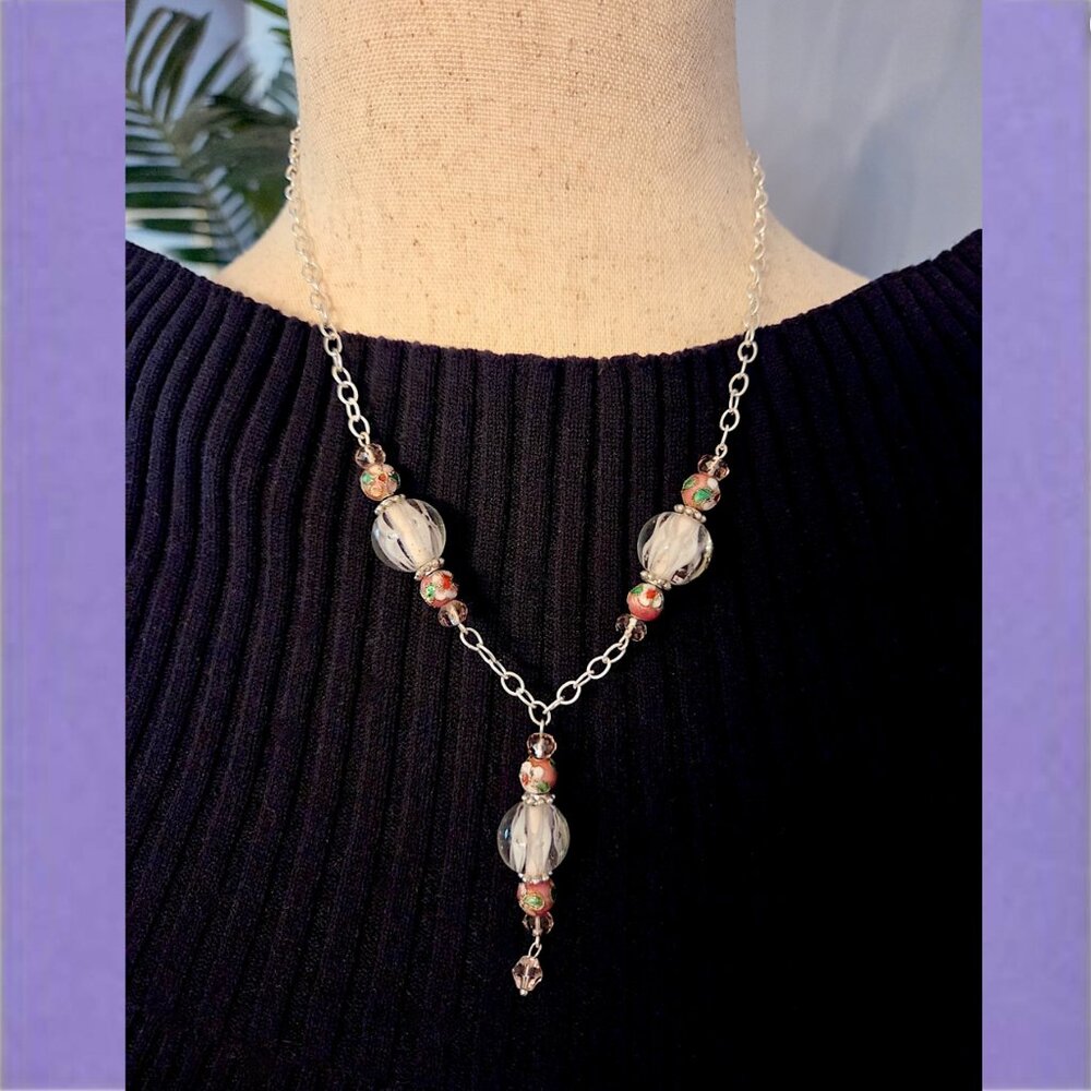 Silver Tone Chain Necklace with Glass & Cloisonné Beads